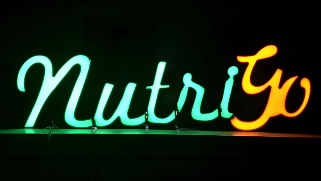 Semnul NutriGo aprins în întuneric, pe un raft: „Nutri” verde și „Go” galben-portocaliu